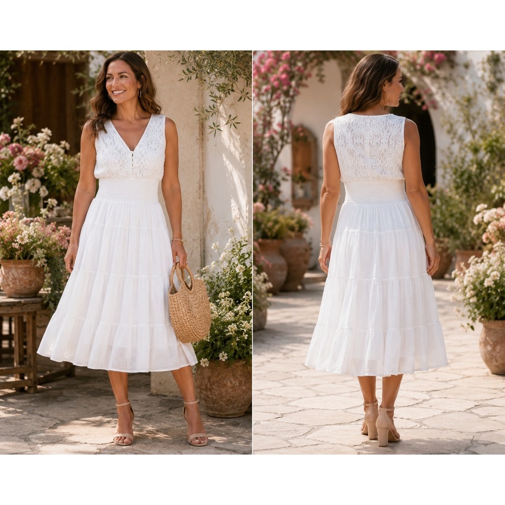 Tiered Smocked Waist Strapless Midi Dress Lace Women PS White Boho Cottagecore